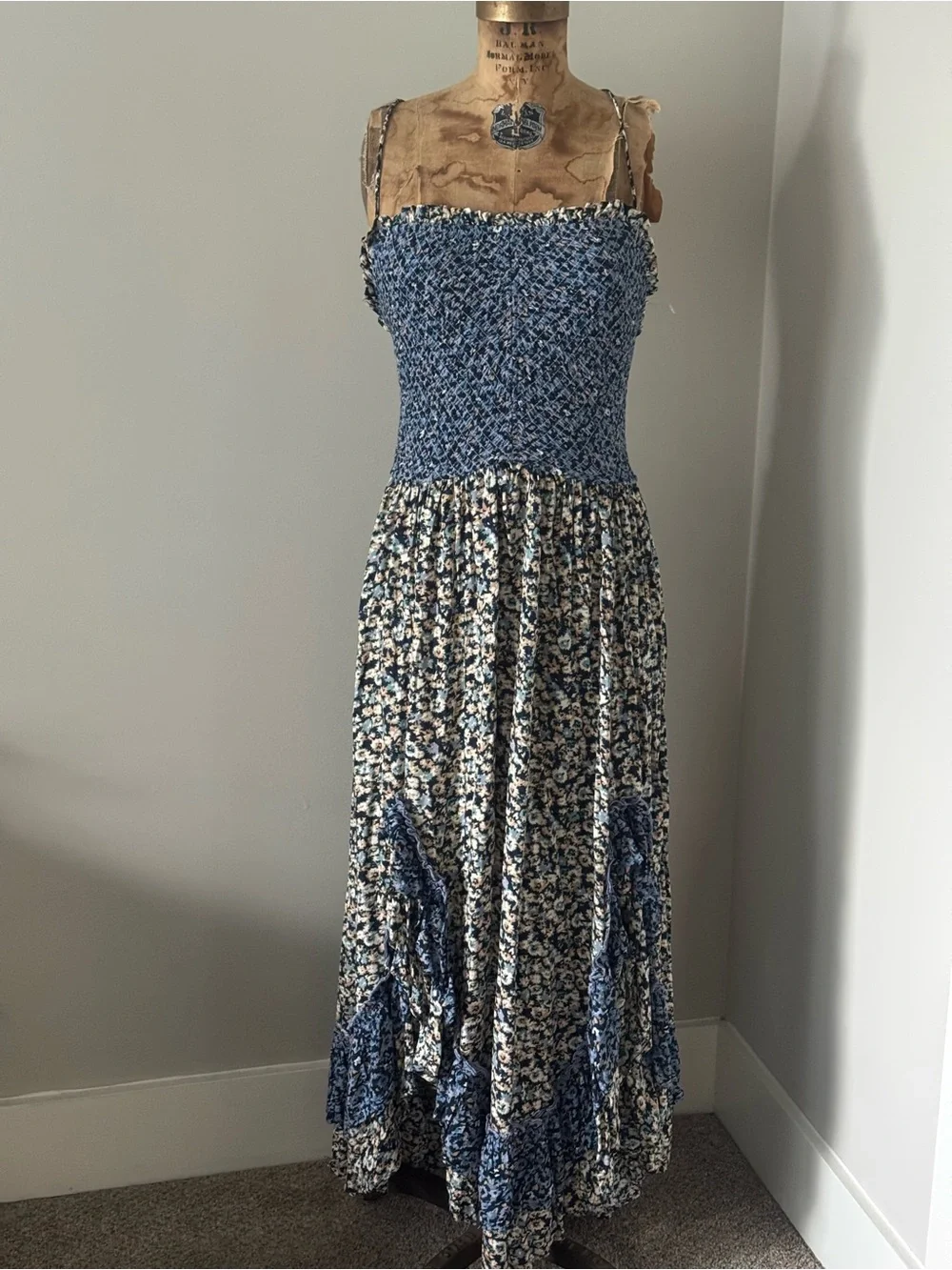NWT Free People One I Love Floral Smocked Maxi Dress Denim, size Medium